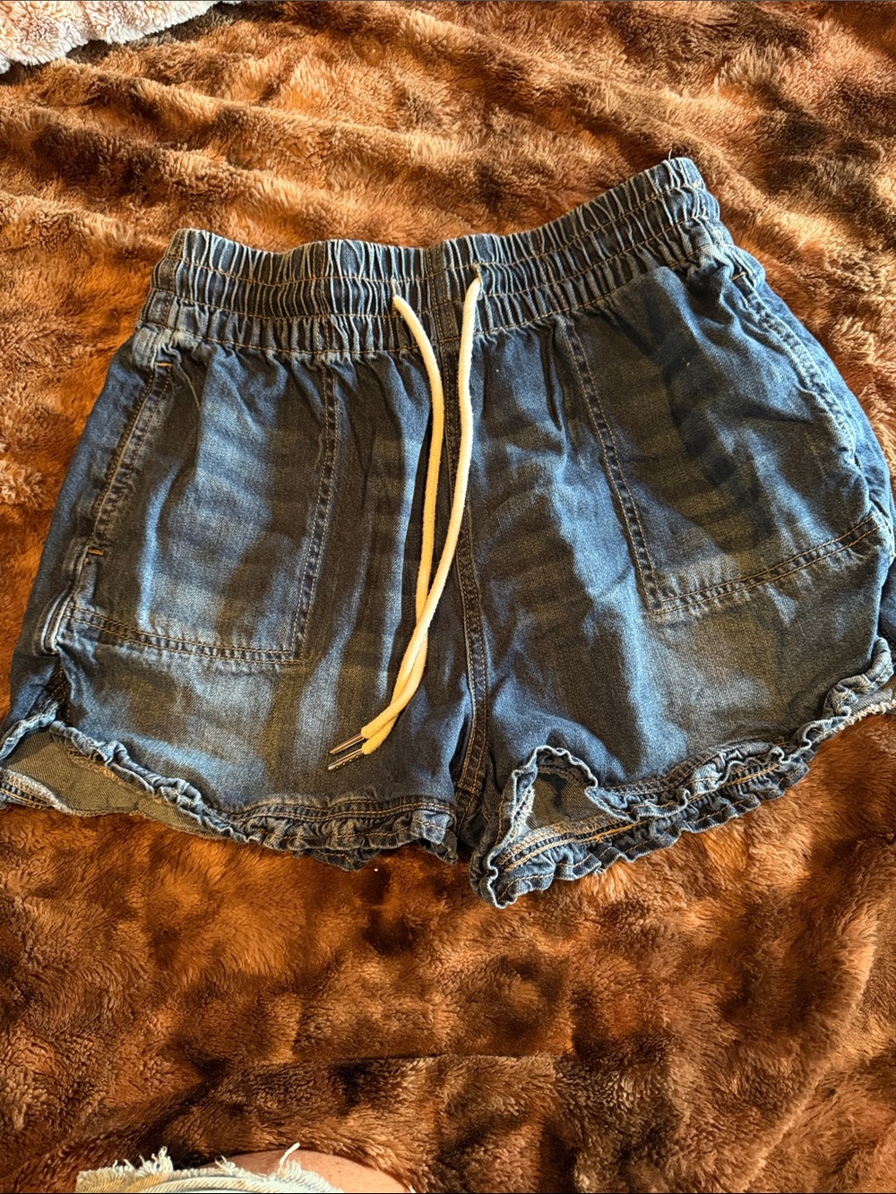 Ruffle Blue Denim Drawstring Women's Shorts